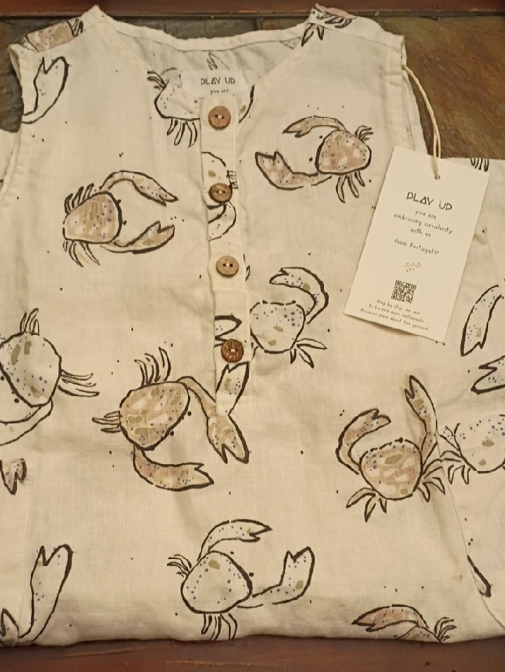 Crab Print Sleeveless Button Front Romper - Neutral Tones